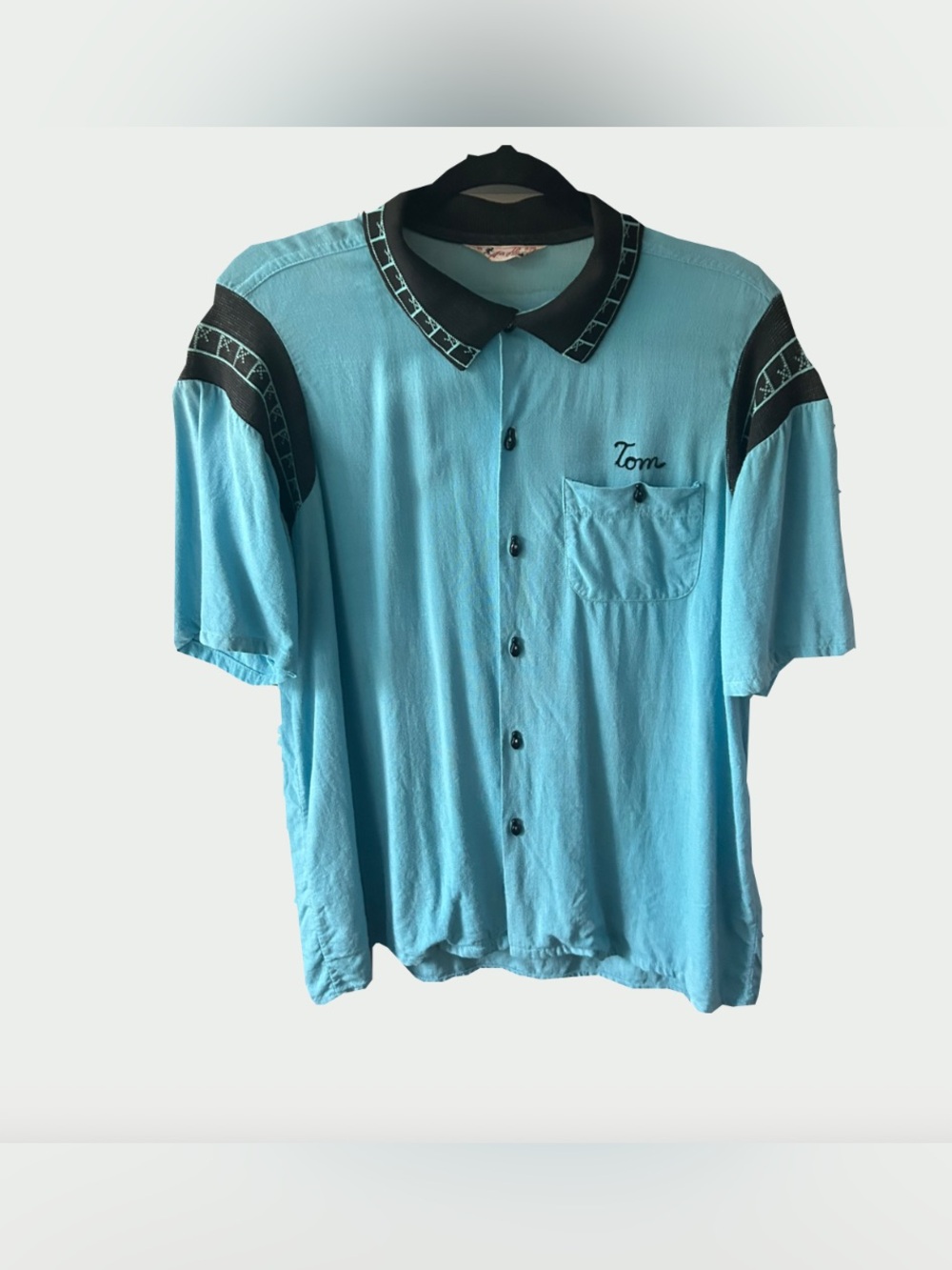 VTG Marie’s Beauty Shop Bowling Shirt Aqua Retro Embroidered Tom